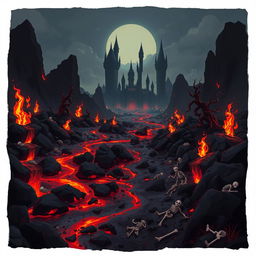 A 2D game background set in the depths of hell, featuring a fiery and ominous landscape