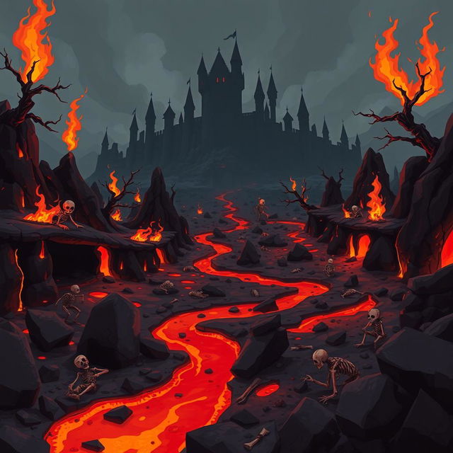 A 2D game background set in the depths of hell, featuring a fiery and ominous landscape