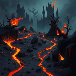 A 2D game background set in the depths of hell, featuring a fiery and ominous landscape