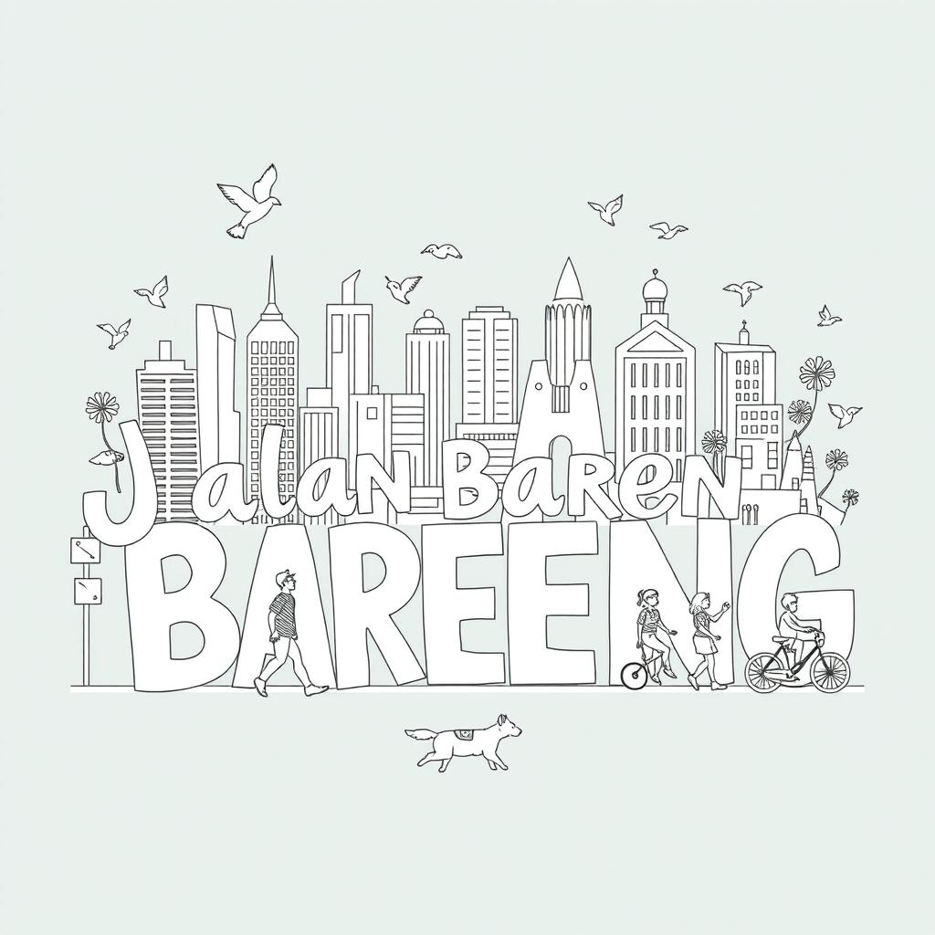 line art illustration featuring the words "Jalan Bareng" creatively intertwined with relaxed and fun city elements