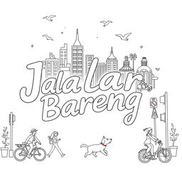 line art illustration featuring the words "Jalan Bareng" creatively intertwined with relaxed and fun city elements