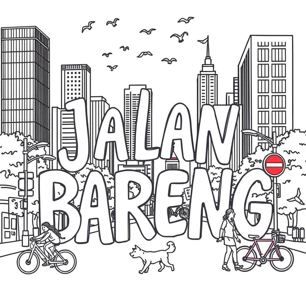 line art illustration featuring the words "Jalan Bareng" creatively intertwined with relaxed and fun city elements