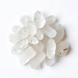 A pile of Clear Quartz crystals, featuring both polished and raw forms, elegantly displayed on a pristine white backdrop