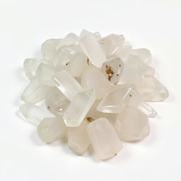 A pile of Clear Quartz crystals, featuring both polished and raw forms, elegantly displayed on a pristine white backdrop