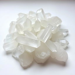 A pile of Clear Quartz crystals, featuring both polished and raw forms, elegantly displayed on a pristine white backdrop