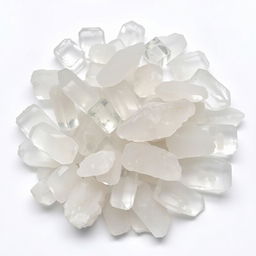 A pile of Clear Quartz crystals, featuring both polished and raw forms, elegantly displayed on a pristine white backdrop