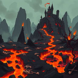 A 2D game background set in the depths of hell, featuring a fiery and ominous landscape