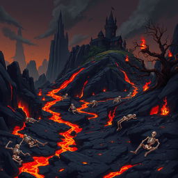 A 2D game background set in the depths of hell, featuring a fiery and ominous landscape