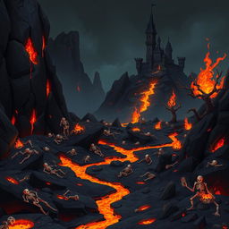 A 2D game background set in the depths of hell, featuring a fiery and ominous landscape