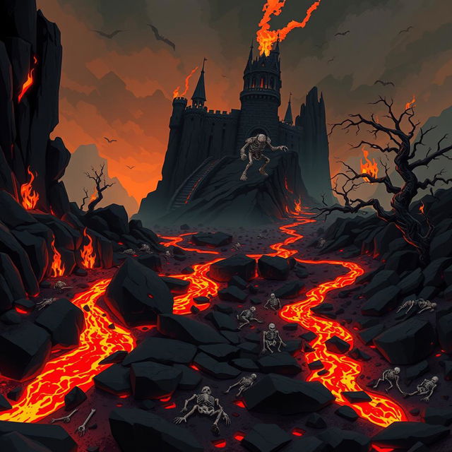 A 2D game background set in the depths of hell, featuring a fiery and ominous landscape