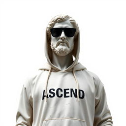 A Greek marble statue transformed into a modern figure, wearing a hoodie with the word "ASCEND" emblazoned boldly across the chest