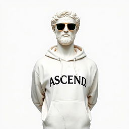 A Greek marble statue transformed into a modern figure, wearing a hoodie with the word "ASCEND" emblazoned boldly across the chest