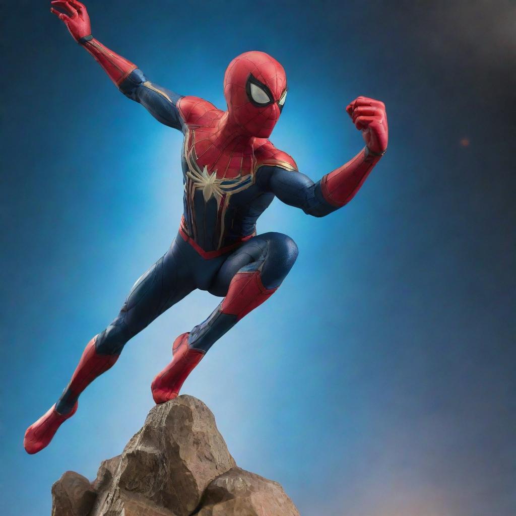 A striking vision of a superhero fusion between Spider-Man and Captain Marvel. The figure boasts Spider-Man's sleekness and agility, combined with Captain Marvel's flying ability, cosmic powers, and iconic red, blue and gold costume.