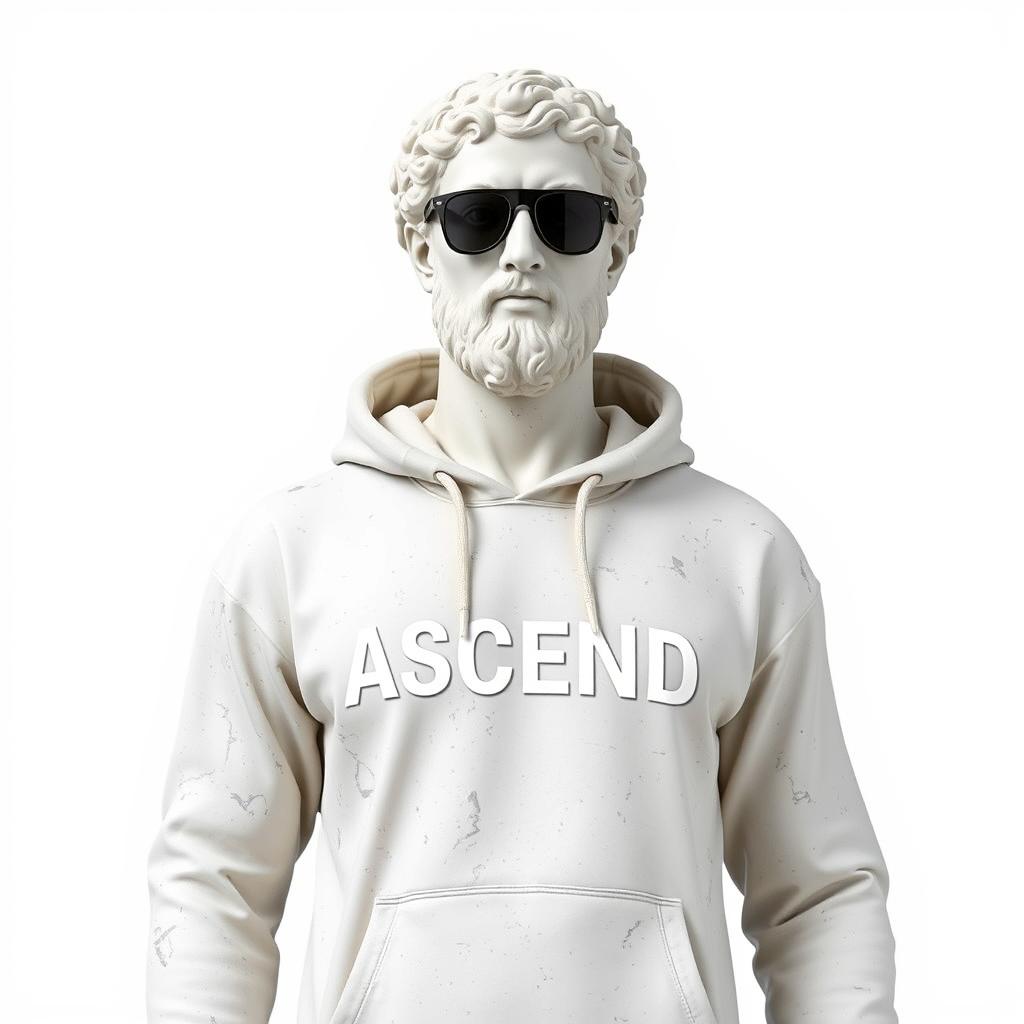 A Greek marble statue transformed into a modern figure, wearing a hoodie with the word "ASCEND" emblazoned boldly across the chest