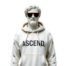 A Greek marble statue transformed into a modern figure, wearing a hoodie with the word "ASCEND" emblazoned boldly across the chest