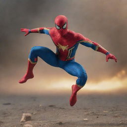 A striking vision of a superhero fusion between Spider-Man and Captain Marvel. The figure boasts Spider-Man's sleekness and agility, combined with Captain Marvel's flying ability, cosmic powers, and iconic red, blue and gold costume.