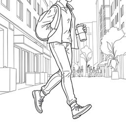 line art illustration of a person walking while carrying a tumbler