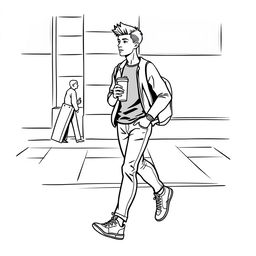 line art illustration of a person walking while carrying a tumbler