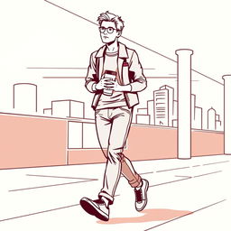 line art illustration of a person walking while carrying a tumbler