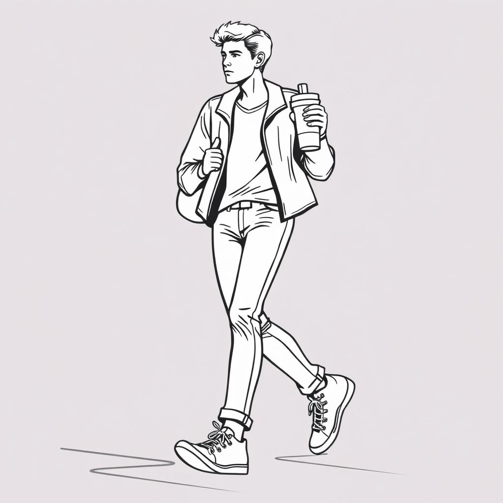 line art illustration of a person walking while carrying a tumbler