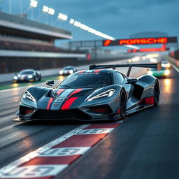 A futuristic race car design blending elements from the Corvette C8 and Porsche 963, positioned dramatically on a racetrack