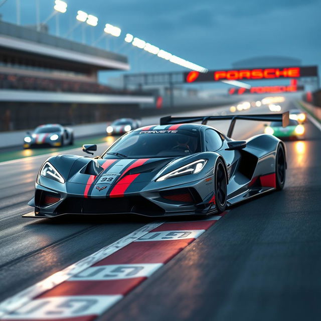 A futuristic race car design blending elements from the Corvette C8 and Porsche 963, positioned dramatically on a racetrack