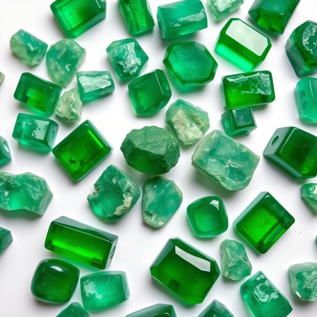 A pile of Emerald crystals, featuring both polished and raw forms, beautifully arranged on a pristine white backdrop