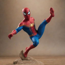 A striking vision of a superhero fusion between Spider-Man and Captain Marvel. The figure boasts Spider-Man's sleekness and agility, combined with Captain Marvel's flying ability, cosmic powers, and iconic red, blue and gold costume.