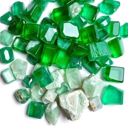 A pile of Emerald crystals, featuring both polished and raw forms, beautifully arranged on a pristine white backdrop