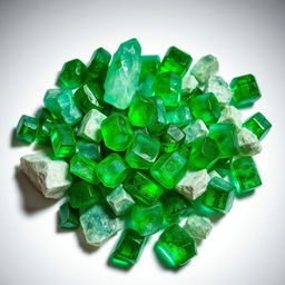 A pile of Emerald crystals, featuring both polished and raw forms, beautifully arranged on a pristine white backdrop