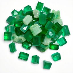 A pile of Emerald crystals, featuring both polished and raw forms, beautifully arranged on a pristine white backdrop