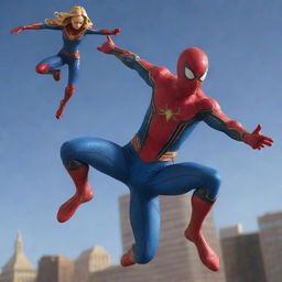 A striking vision of a superhero fusion between Spider-Man and Captain Marvel. The figure boasts Spider-Man's sleekness and agility, combined with Captain Marvel's flying ability, cosmic powers, and iconic red, blue and gold costume.