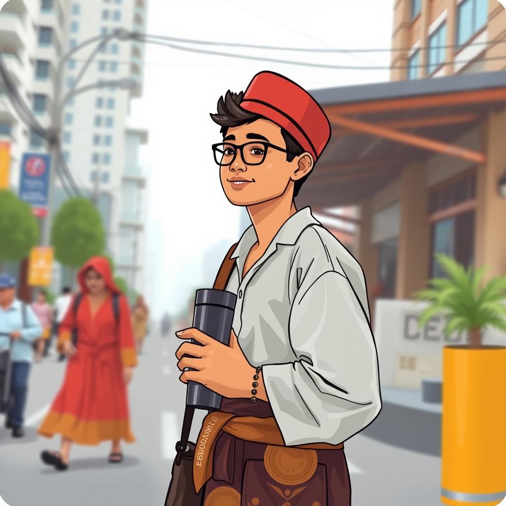 illustration of an Indonesian person walking while carrying a tumbler, with distinctively Indonesian facial features and cultural attire