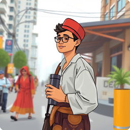 illustration of an Indonesian person walking while carrying a tumbler, with distinctively Indonesian facial features and cultural attire