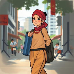 illustration of an Indonesian person walking while carrying a tumbler, with distinctively Indonesian facial features and cultural attire