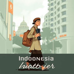 illustration of an Indonesian person walking while carrying a tumbler, with distinctively Indonesian facial features and cultural attire