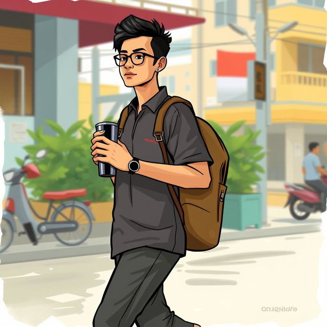 illustration of an Indonesian person walking while carrying a tumbler, with distinctively Indonesian facial features and cultural attire