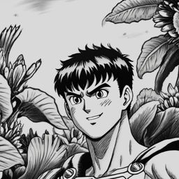 A pencil-drawn black and white profile picture of a smiling Guts from Berserk with a thick neck, set against a detailed background of various flowers.