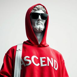 A Greek marble statue transformed into a modern figure, wearing a red hoodie adorned with graffiti-style letters spelling "ASCEND" across the chest