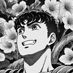 A pencil-drawn black and white profile picture of a smiling Guts from Berserk with a thick neck, set against a detailed background of various flowers.