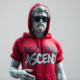 A Greek marble statue transformed into a modern figure, wearing a red hoodie adorned with graffiti-style letters spelling "ASCEND" across the chest