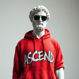 A Greek marble statue transformed into a modern figure, wearing a red hoodie adorned with graffiti-style letters spelling "ASCEND" across the chest