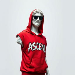 A Greek marble statue transformed into a modern figure, wearing a red hoodie adorned with graffiti-style letters spelling "ASCEND" across the chest