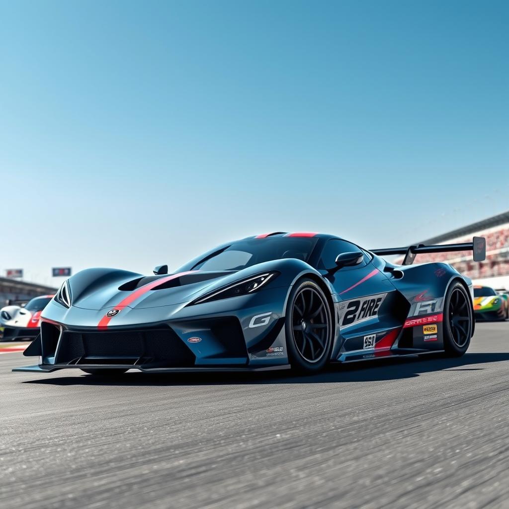 A futuristic race car design blending elements from the Corvette C8 and Porsche 963, positioned dramatically on a racetrack under a clear blue sky