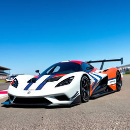 A futuristic race car design blending elements from the Corvette C8 and Porsche 963, positioned dramatically on a racetrack under a clear blue sky