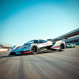 A futuristic race car design blending elements from the Corvette C8 and Porsche 963, positioned dramatically on a racetrack under a clear blue sky