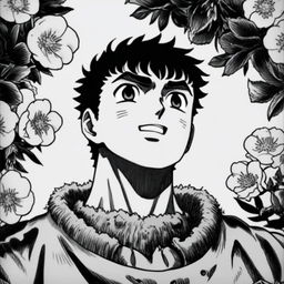 A pencil-drawn black and white profile picture of a smiling Guts from Berserk with a thick neck, set against a detailed background of various flowers.