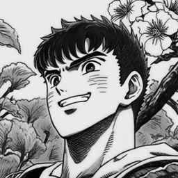 A pencil-drawn black and white profile picture of a smiling Guts from Berserk with a thick neck, set against a detailed background of various flowers.