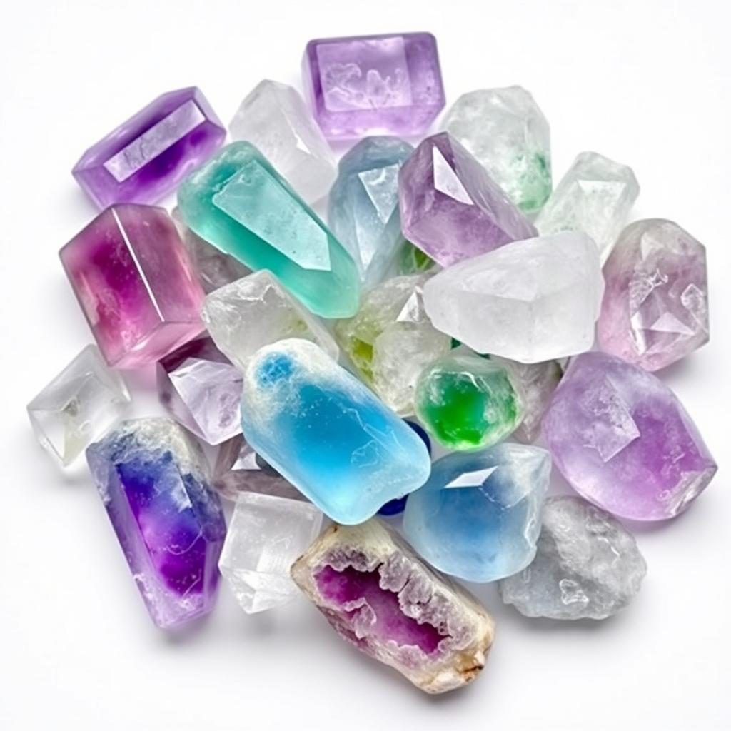 A pile of Fluorite crystals, featuring both polished and raw forms, artistically displayed on a pristine white backdrop