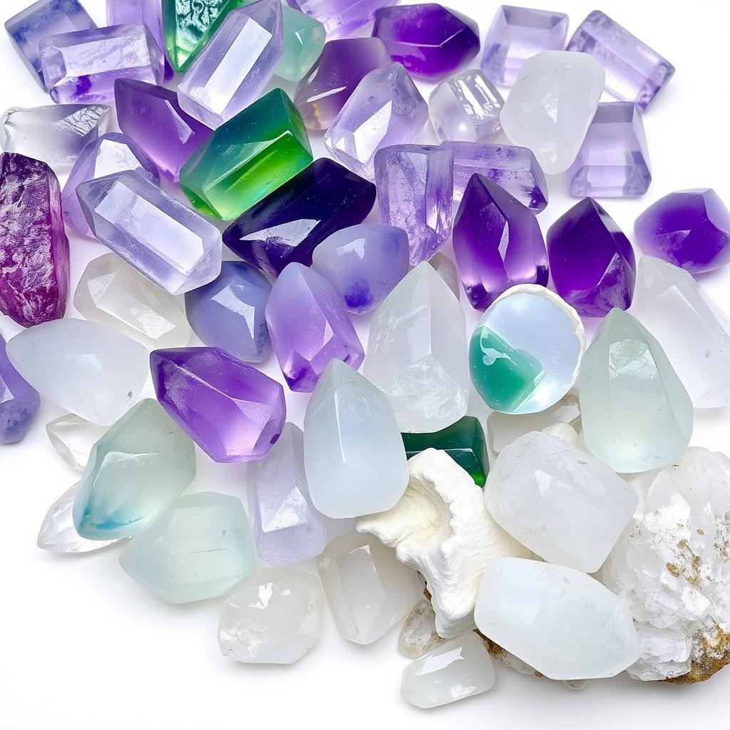 A pile of Fluorite crystals, featuring both polished and raw forms, artistically displayed on a pristine white backdrop